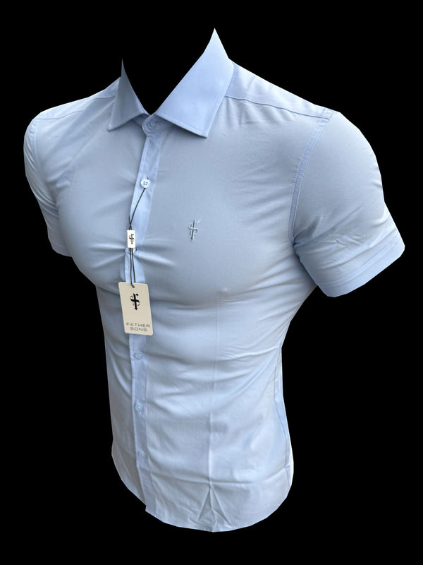 Vater-Söhne-Muscle-Fit-Shirt mit Advanced-Stretch, puderblau, kurzärmlig, mit Cutaway-Kragen – FS1162