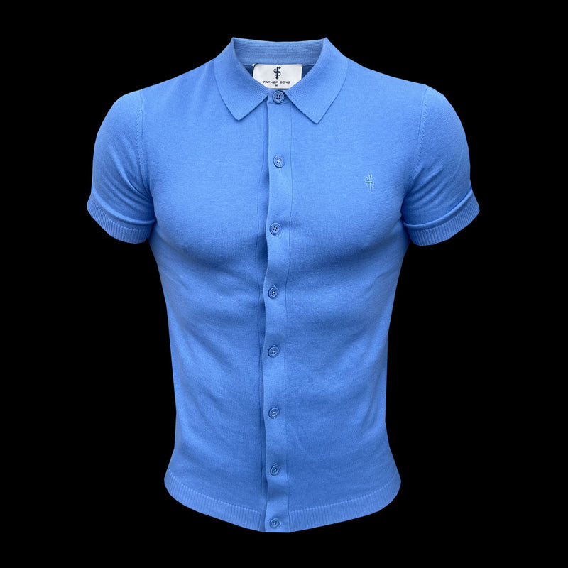 Father Sons klassisches schlichtes hellblaues Strick-Poloshirt mit Knopfleiste und kurzen Ärmeln – FSN161