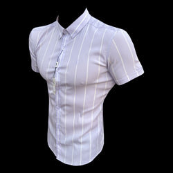 Father Sons Super Slim Stretch Lila bedrucktes, breites Streifen-Kurzarmshirt mit Button-Down-Kragen – FS1068