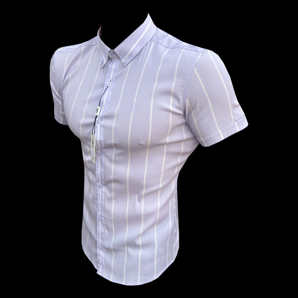 Father Sons Super Slim Stretch Lila bedrucktes, breites Streifen-Kurzarmshirt mit Button-Down-Kragen – FS1068
