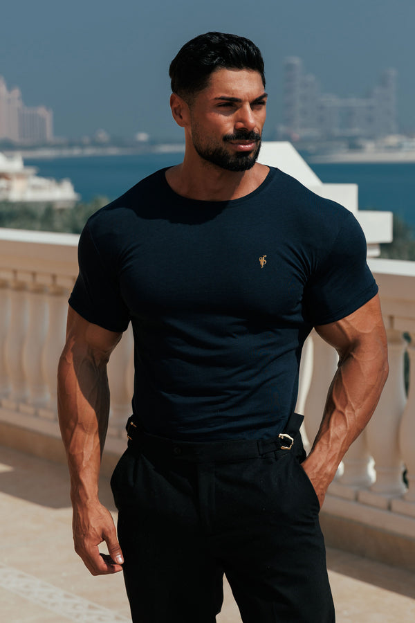 Vater-Söhne-T-Shirt mit Rundhalsausschnitt, Marineblau/Gold, Bambus – FSH1437