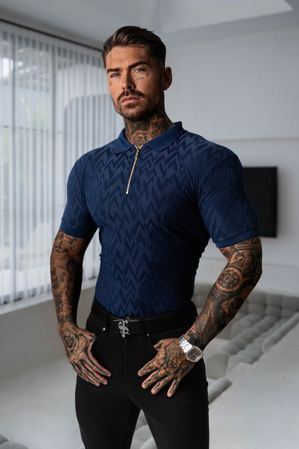 Klassisches Jacquard-Poloshirt mit Chevron-Muster und Reißverschluss für Vater und Sohn, Marineblau – FSR021