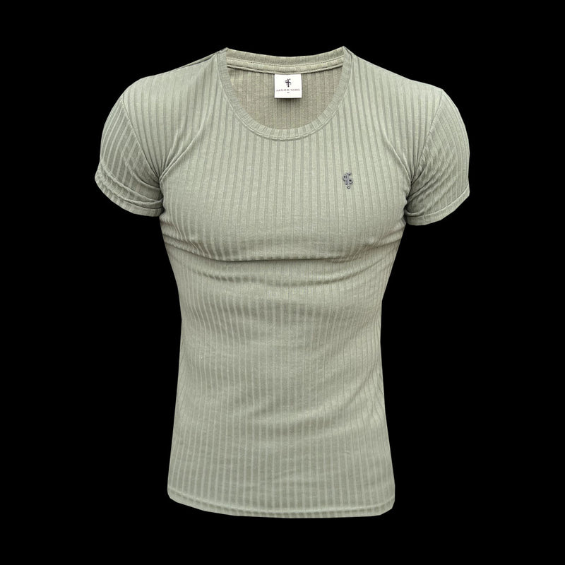 Father Sons Klassisches, oliv/schwarzes, superschlankes, kurzärmliges Rundhals-Strickshirt mit Rippenmuster – FSH1089