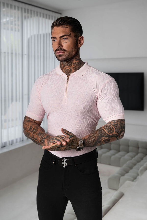 Klassisches Jacquard-Poloshirt mit Reißverschluss und Chevron-Muster, Rosa, für Vater und Sohn – FSR022