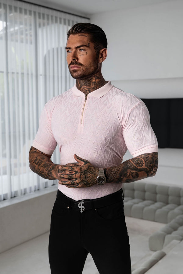 Klassisches Jacquard-Poloshirt mit Reißverschluss und Chevron-Muster, Rosa, für Vater und Sohn – FSR022