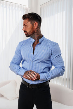 Father Sons Super Slim Stretch Light Blue Printed Pinstripe Long Sleeve with Grandad Collar - FS1059