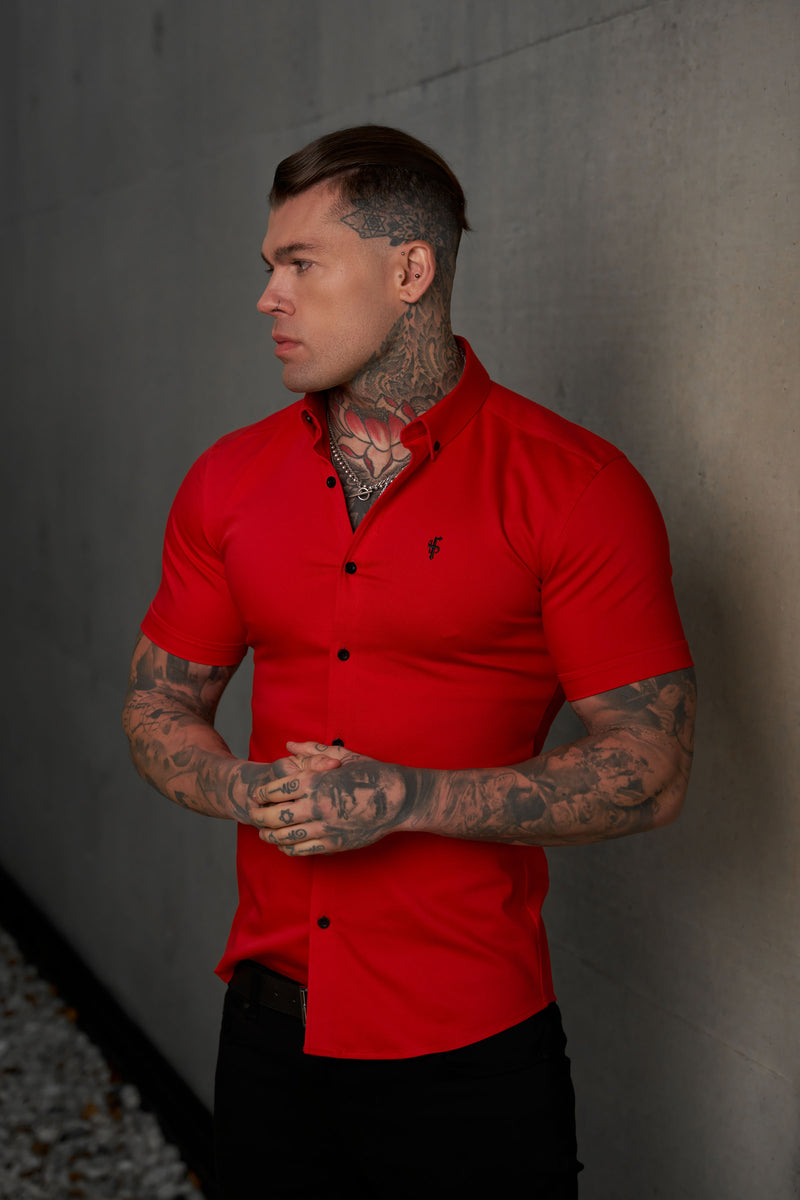 Father Sons Super Slim Denim Red Short Sleeve Stretch mit Button-Down-Kragen – FS1038