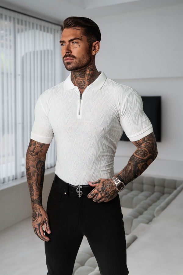 Klassisches Jacquard-Poloshirt mit weißem Chevron-Muster und Reißverschluss von Father Sons – FSR020