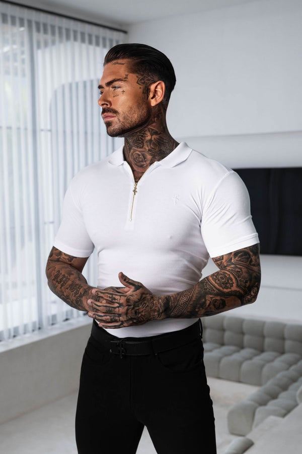 Klassisches weißes Poloshirt mit Reißverschluss für Vater und Sohn – FSH1229