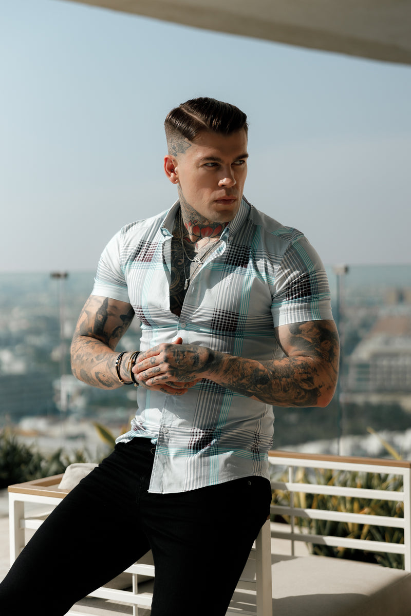 Father Sons Super Slim Stretch Aqua Check Print Short Sleeve with Button Down Collar - FS915 (PRE ORDER 12TH JUNE)