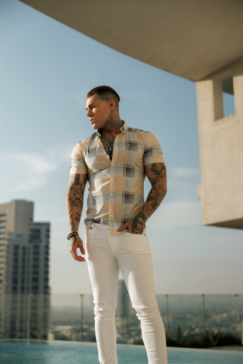 Father Sons Super Slim Stretch Peach / Grey Check Print Short Sleeve with Button Down Collar - FS900