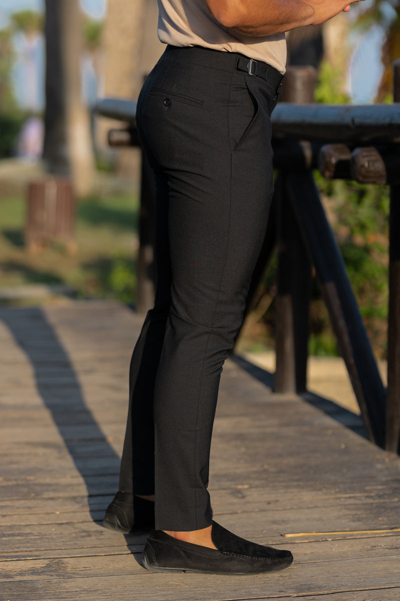 Father Sons Slim Formal Black Stretch Trousers With Silver Waist Adjusters - FST013