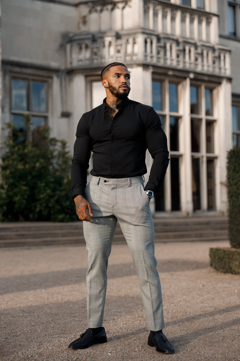 Schlanke, formelle graue Stretch-Hose mit Prince-of-Wales-Karomuster von Father Sons – FSTR011