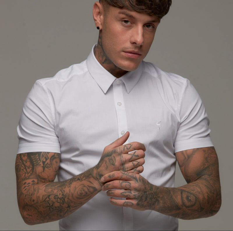 Father Sons Super Slim Stretch White Tonal Buttons and Embroidery Short Sleeve - FS889