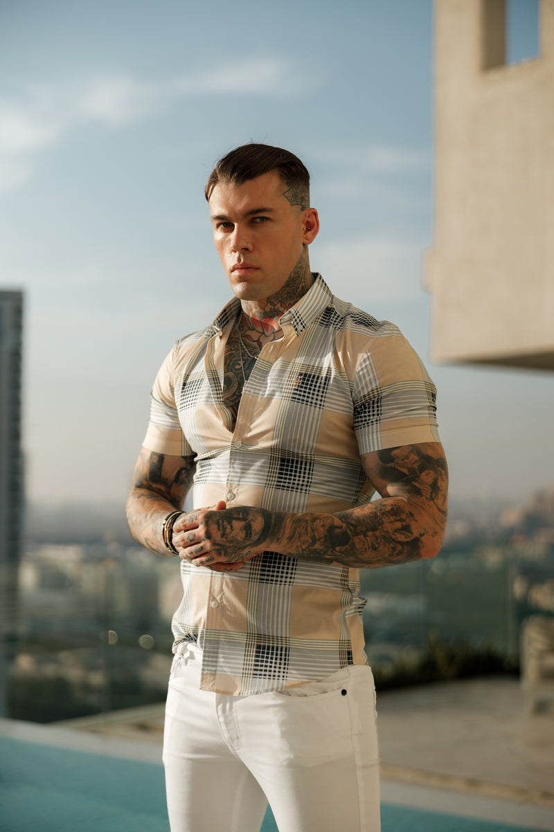 Father Sons Super Slim Stretch Peach / Grey Check Print Short Sleeve with Button Down Collar - FS900