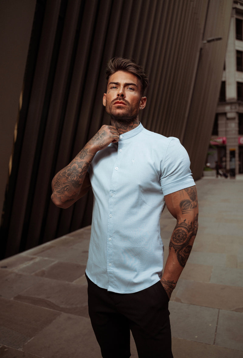 Father Sons Super Slim Stretch Classic Oxford Light Blue Short Sleeve with Grandad Collar - FS937