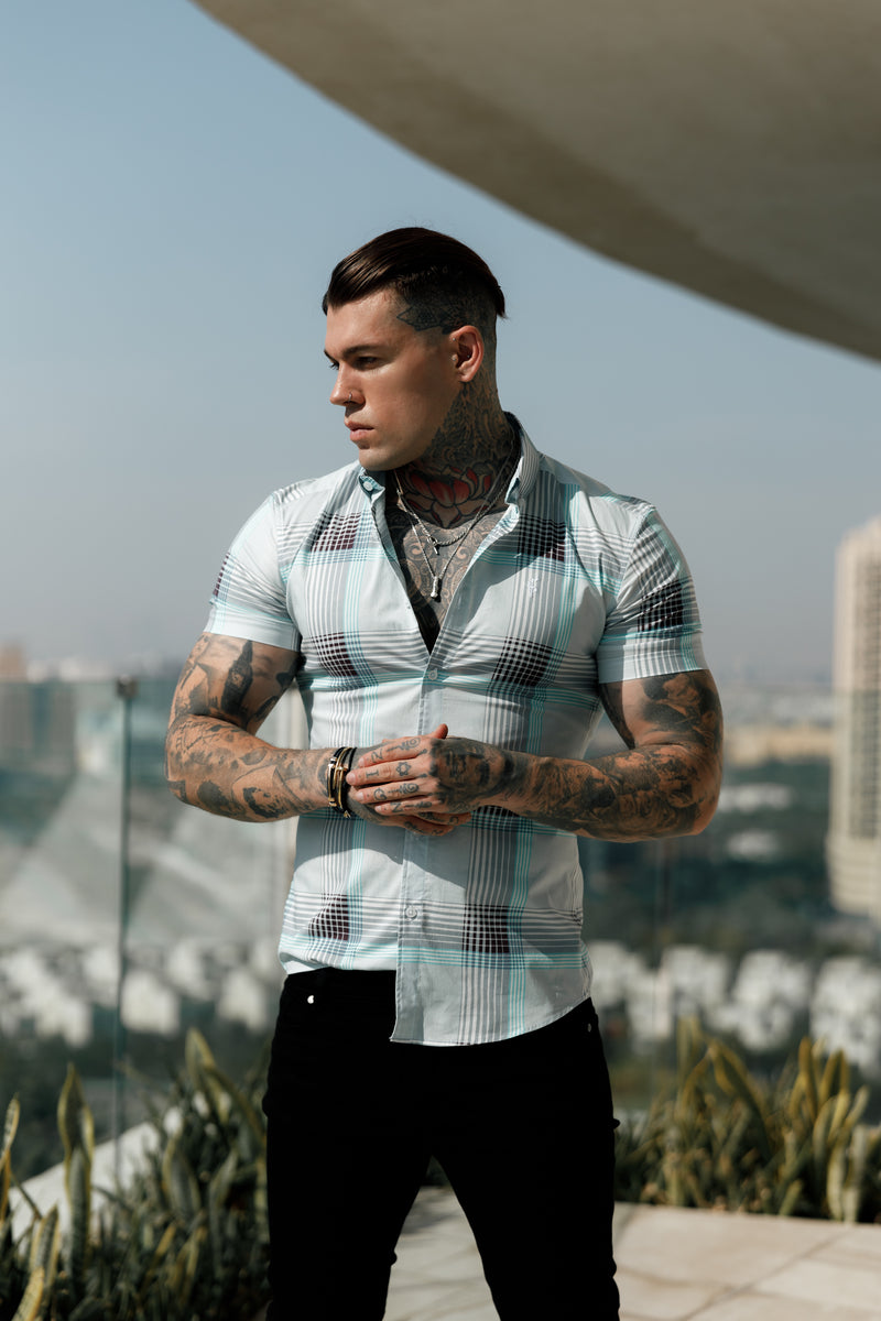 Father Sons Super Slim Stretch Aqua Check Print Short Sleeve with Button Down Collar - FS915 (PRE ORDER 12TH JUNE)