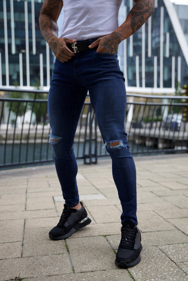 Father Sons Ultra Stretch Navy Slim Jeans mit Knierissen – FSJEAN004