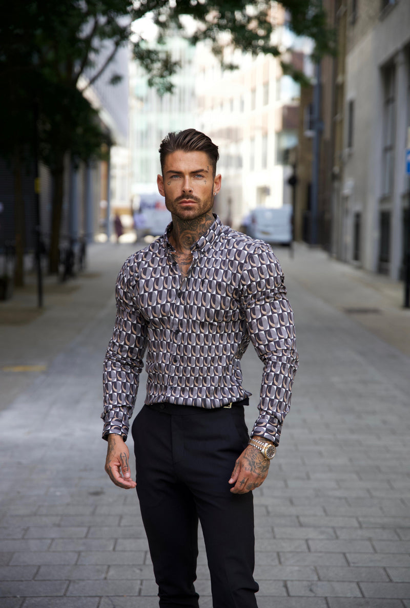 Father Sons Super Slim Stretch Black Multi Retro Print Long Sleeve with Button Down Collar - FS910