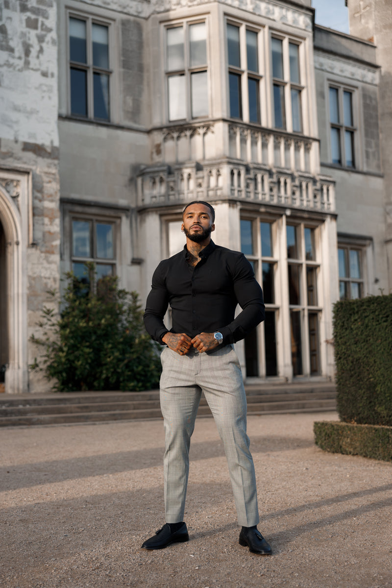 Schlanke, formelle graue Stretch-Hose mit Prince-of-Wales-Karomuster von Father Sons – FSTR011