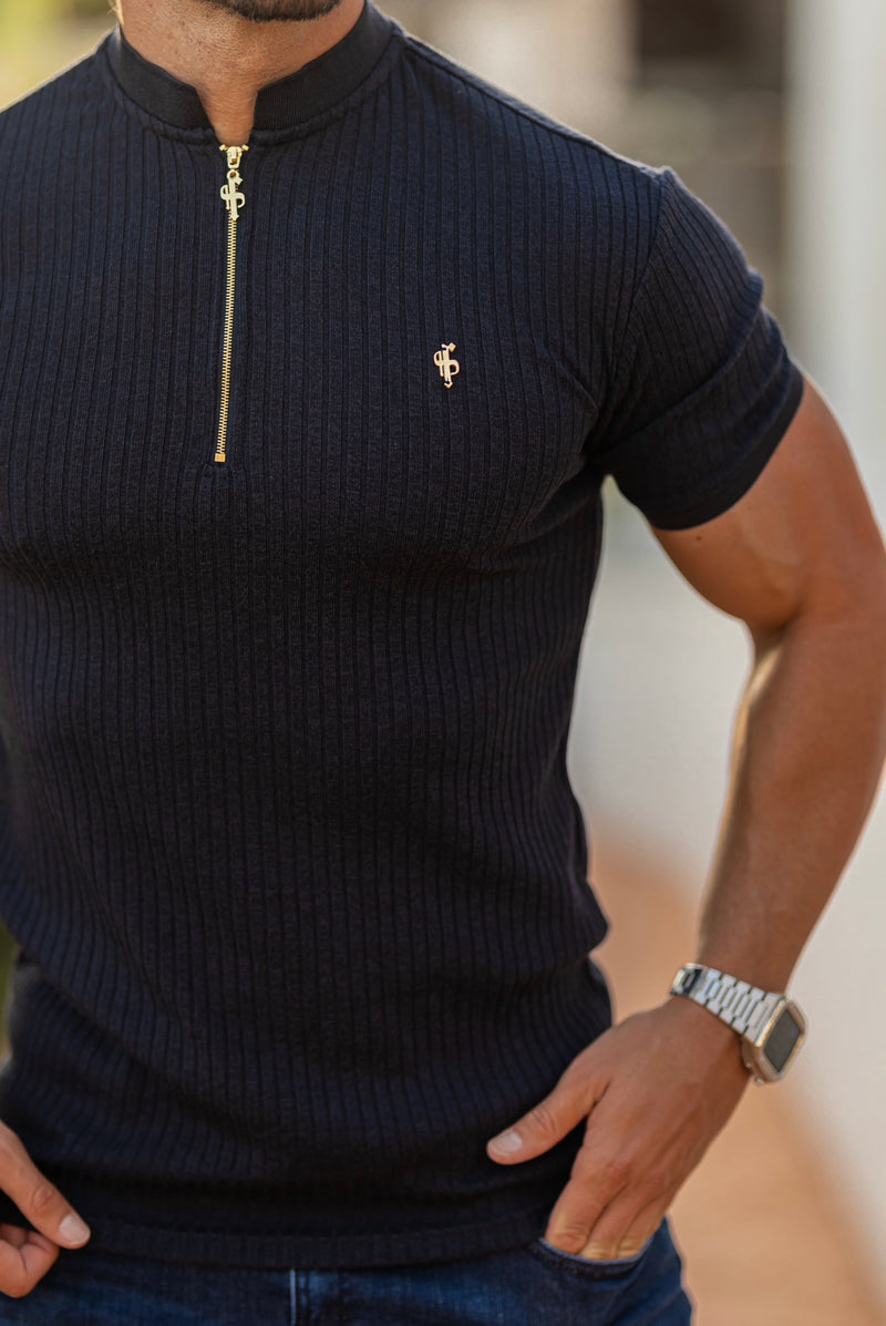 Father Sons Classic Navy Ribbed Zip Grandad Collar Shirt Short Sleeve – FSH773