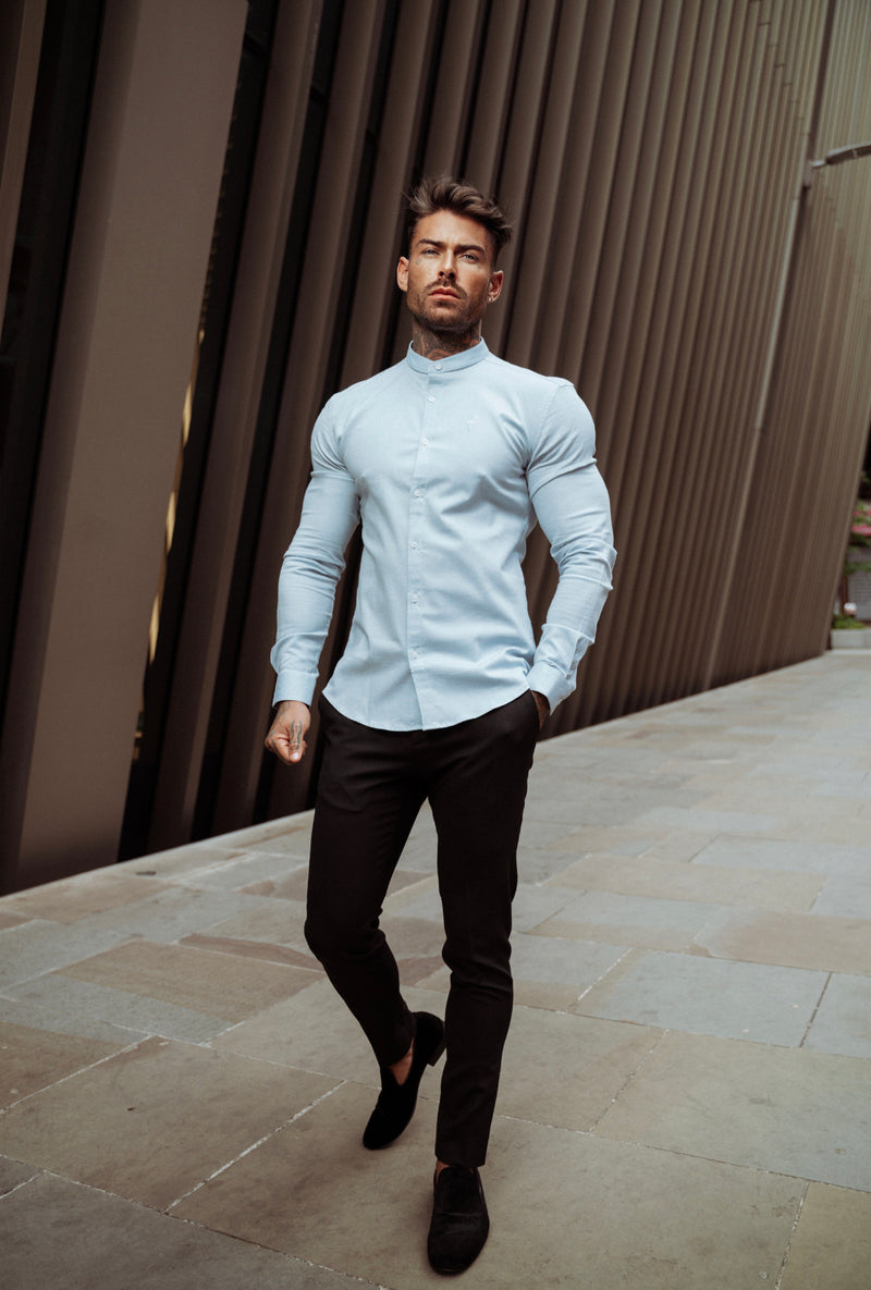 Father Sons Super Slim Stretch Classic Oxford Light Blue with Grandad Collar - FS938