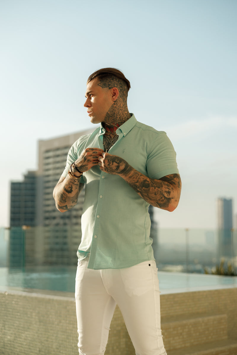 Father Sons Super Slim Stretch Classic Oxford Mint Short Sleeve - FS311