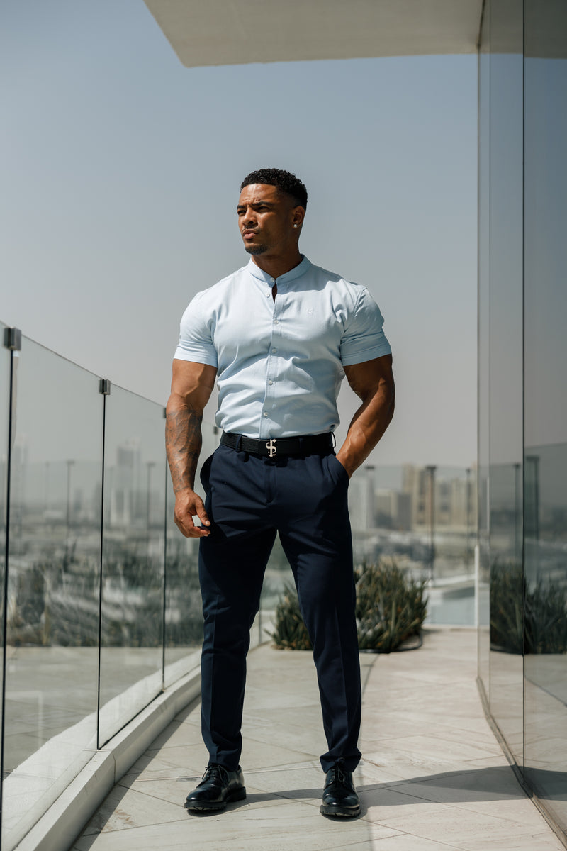 Father Sons Super Slim Stretch Classic Oxford Light Blue Short Sleeve with Grandad Collar - FS937