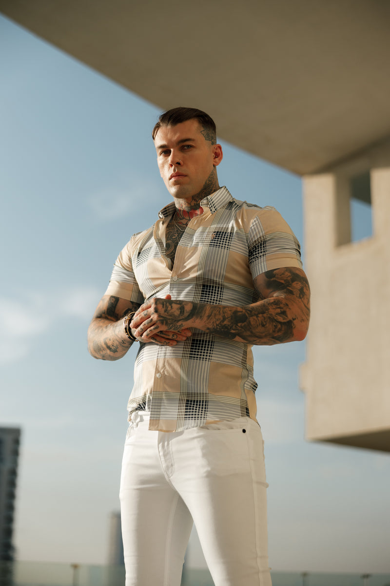 Father Sons Super Slim Stretch Peach / Grey Check Print Short Sleeve with Button Down Collar - FS900