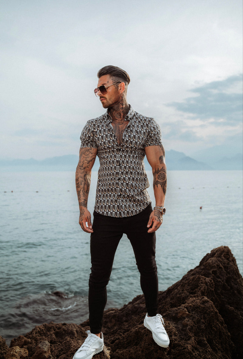 Father Sons Super Slim Stretch Black Multi Retro Print Short Sleeve with Button Down Collar - FS911