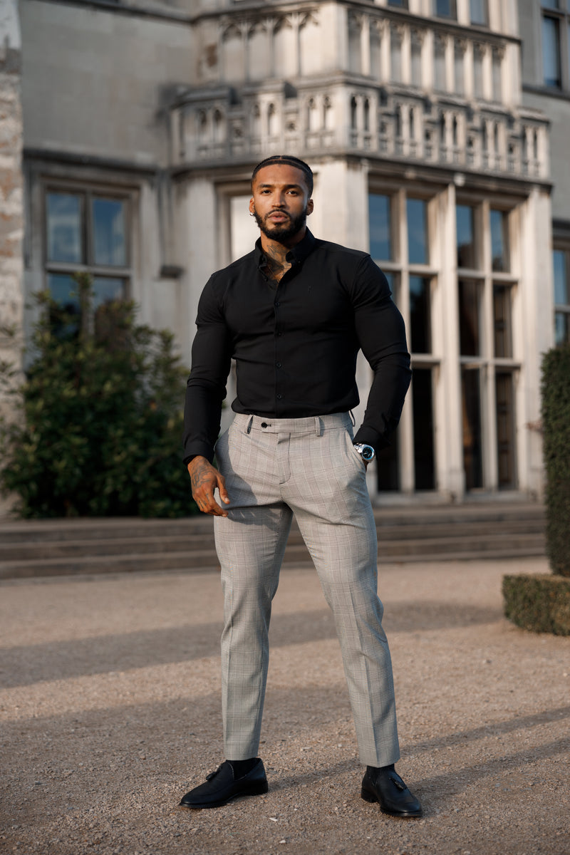 Schlanke, formelle graue Stretch-Hose mit Prince-of-Wales-Karomuster von Father Sons – FSTR011