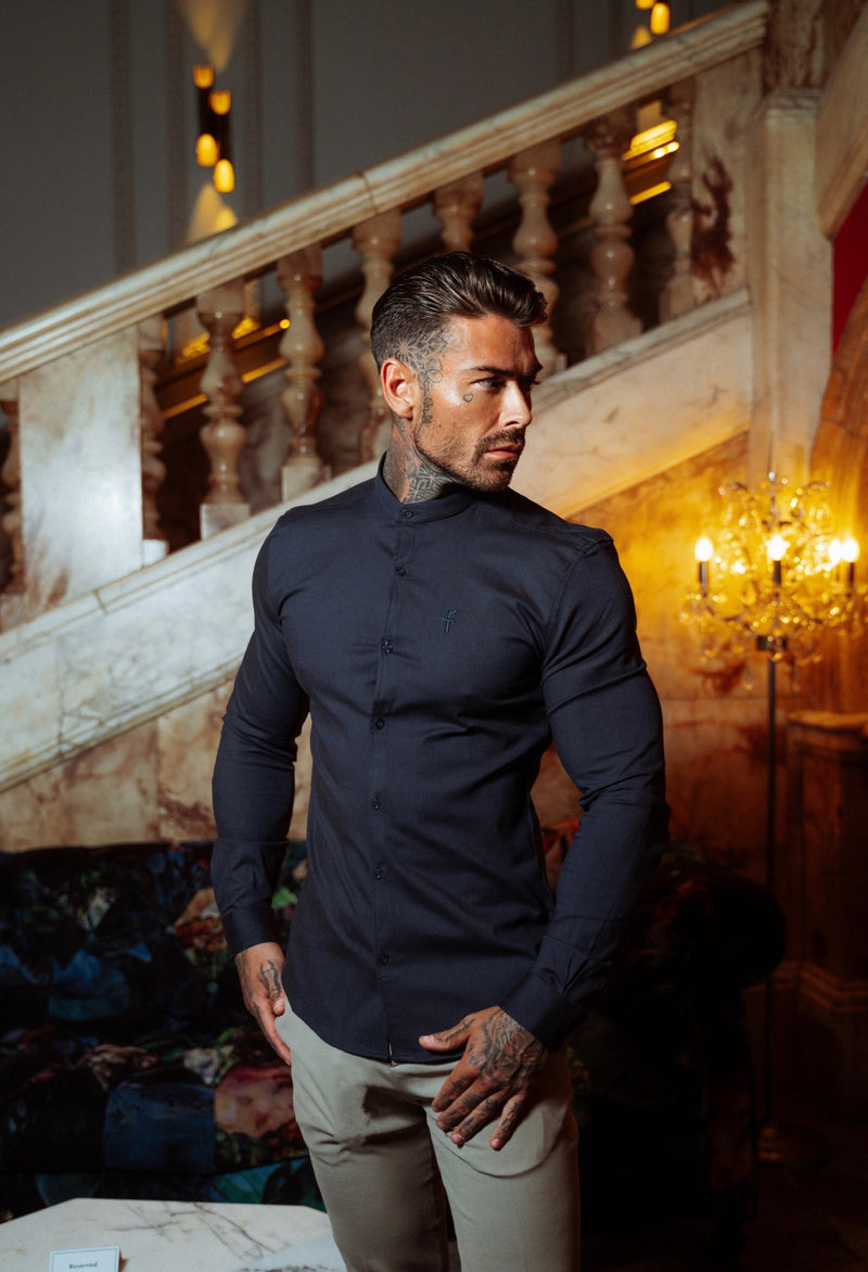 Father Sons Super Slim Stretch Grandad Collar Classic Navy Oxford Langarm – FS583