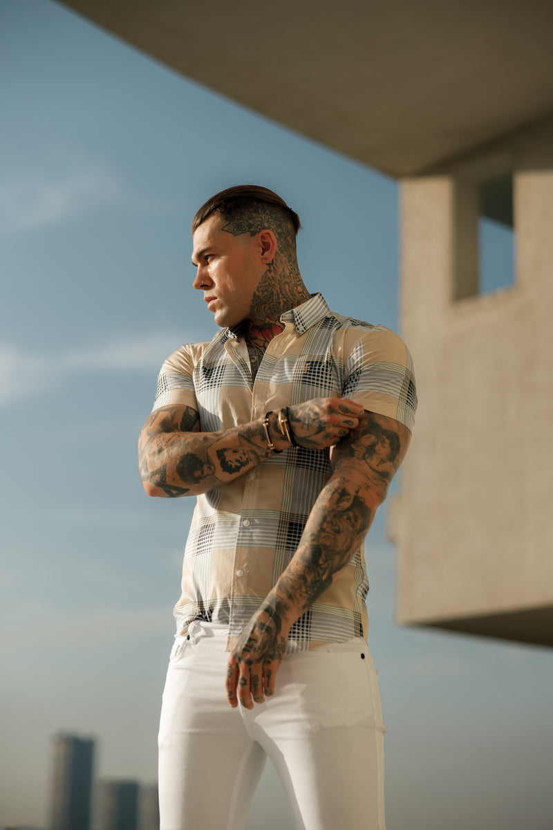 Father Sons Super Slim Stretch Peach / Grey Check Print Short Sleeve with Button Down Collar - FS900