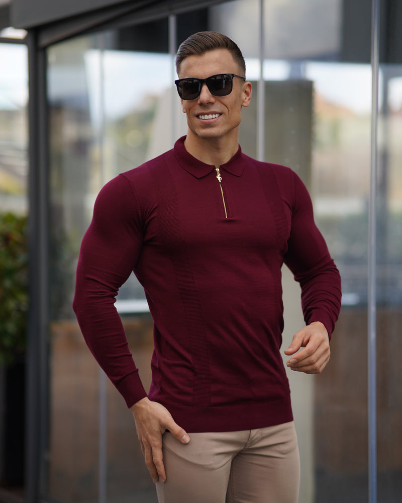 Father Sons Classic Burgundy and Gold Zip Knitted Long Sleeve Polo Shirt - FSH566