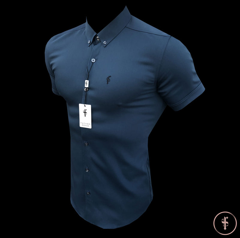 Father Sons Super Slim Ultra Stretch Classic Teal Short Sleeve (Anthrazitfarbene Knöpfe) – FS485