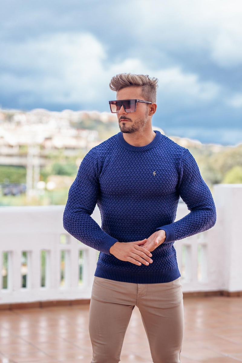 Vater-Söhne-blauer, gestrickter, superschlanker Pullover mit Metallaufkleber – FSJ019