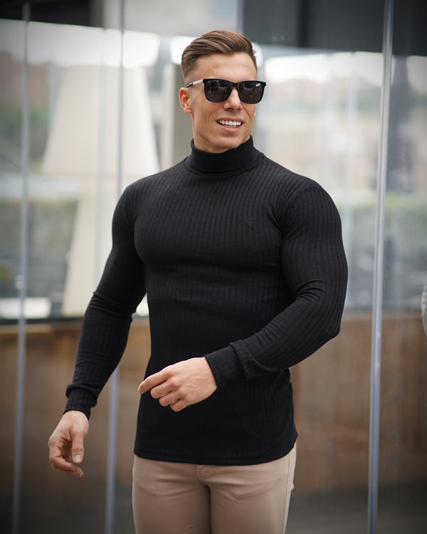 Klassischer schwarzer Rollkragenpullover aus geripptem Strick von Father Sons – FSH591