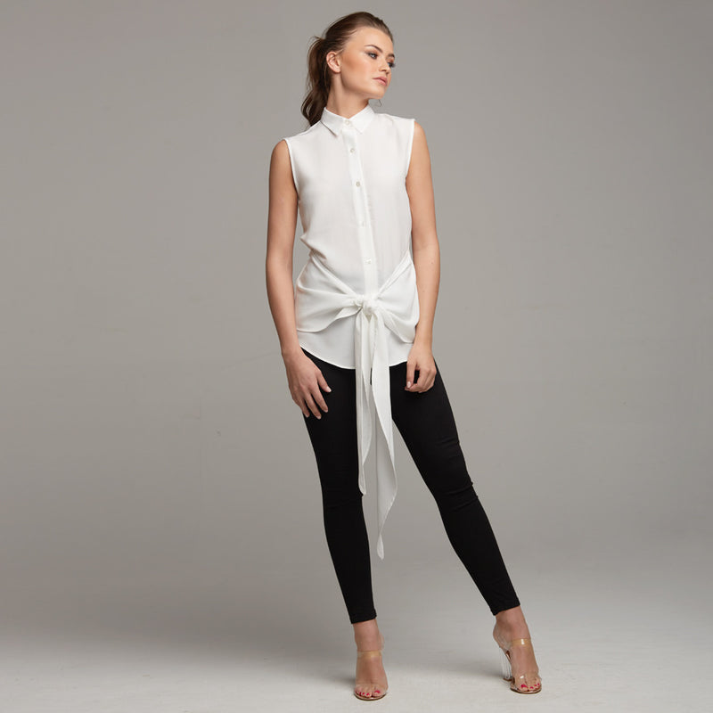 QUINN ECRU TIE FRONT SLEEVELESS SHIRT - CT029