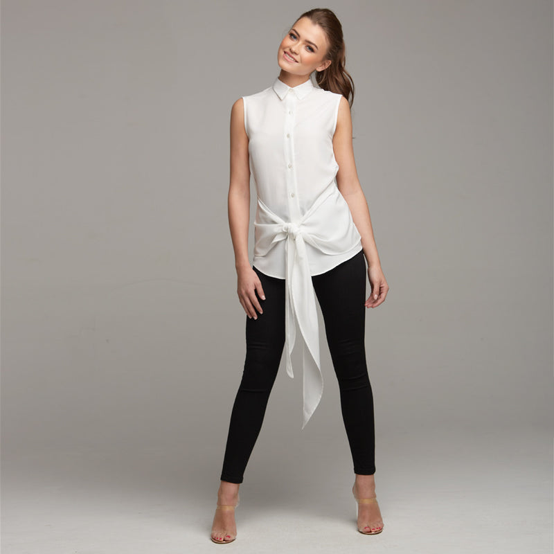 QUINN ECRU TIE FRONT SLEEVELESS SHIRT - CT029