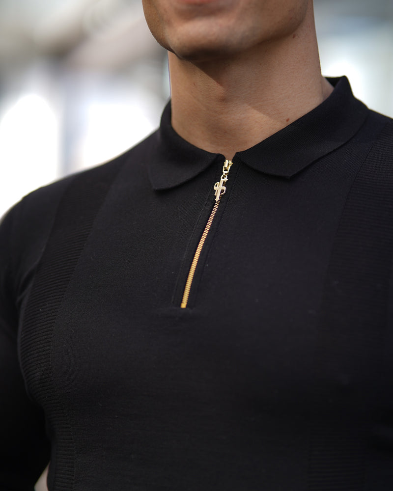 Father Sons klassisches gestricktes Langarm-Poloshirt mit Reißverschluss in Schwarz und Gold – FSH564