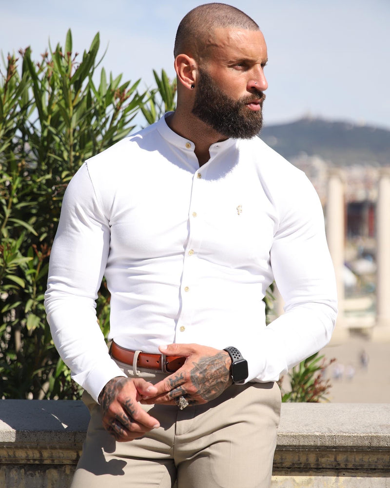 Father Sons Super Slim Stretch White Denim Long Sleeve Grandad collar with Metal Buttons and Decal Emblem - FS719