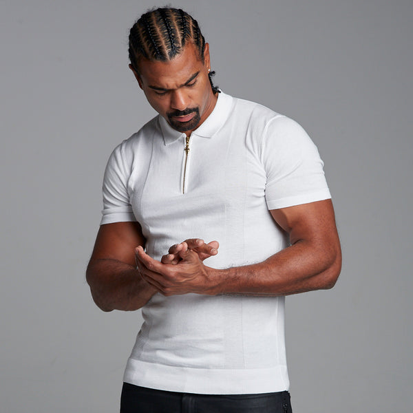 Father Sons klassisches weißes und goldenes gestricktes Kurzarm-Poloshirt mit Reißverschluss – FSH175