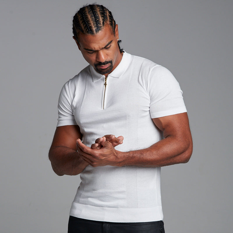 Father Sons klassisches weißes und goldenes gestricktes Kurzarm-Poloshirt mit Reißverschluss – FSH175