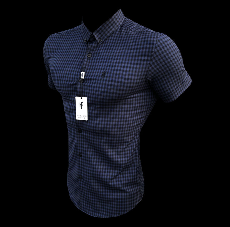 Father Sons Super Slim Ultra Stretch Blue & Black Check Short Sleeve - FS515