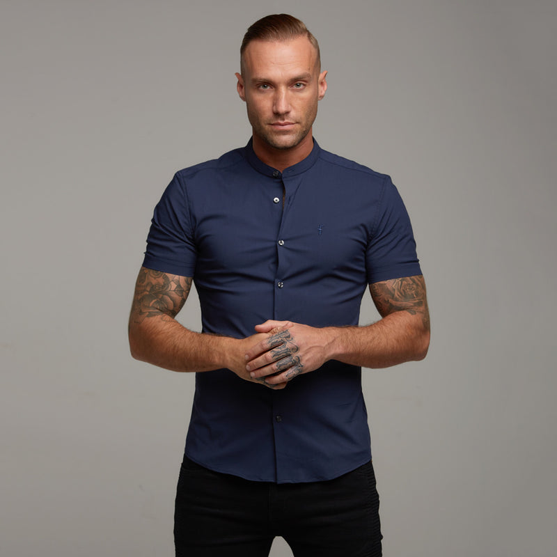 Father Sons Super Slim Stretch Classic Navy Grandad Collar Short Sleeve - FS182