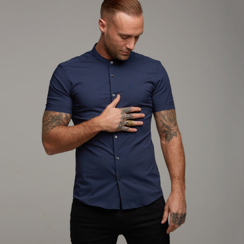 Father Sons Super Slim Stretch Classic Navy Grandad Collar Short Sleeve - FS182