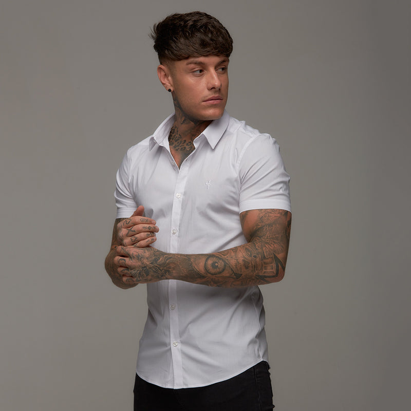 Father Sons Super Slim Stretch Classic White Short Sleeve (White Embroidery) - FS219