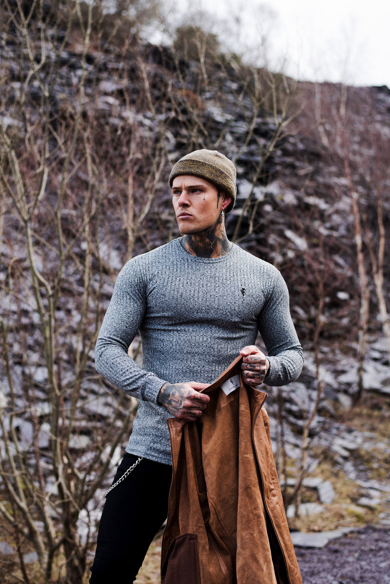 Klassischer gerippter Strickpullover von Father Sons in Grau und Schwarz – FSH079