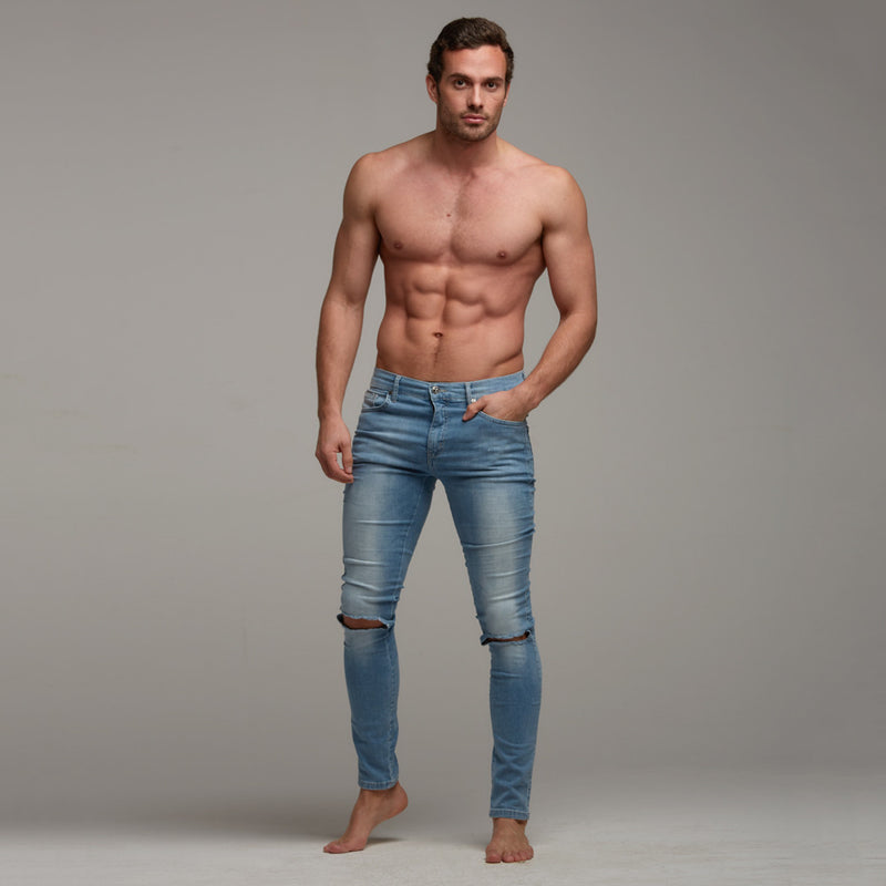 Zerrissene Slim-Stretch-Jeans von Father Sons in Hellblau – FSH103