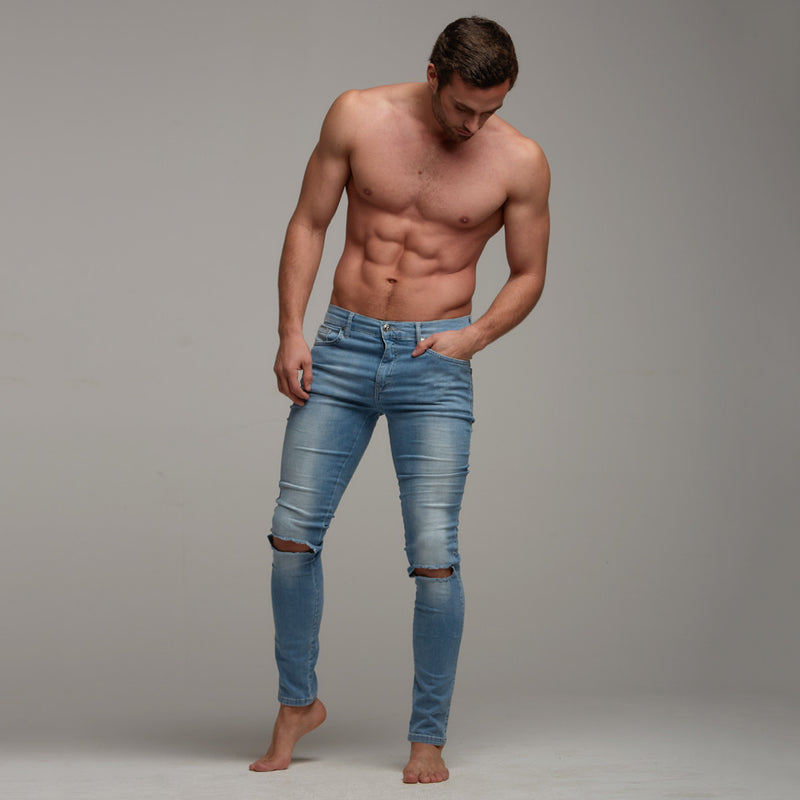 Zerrissene Slim-Stretch-Jeans von Father Sons in Hellblau – FSH103